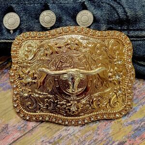 Longhorn Western belt Buckle Rose Tone 4.5 x 3.5 " With Rhinestones Shiny